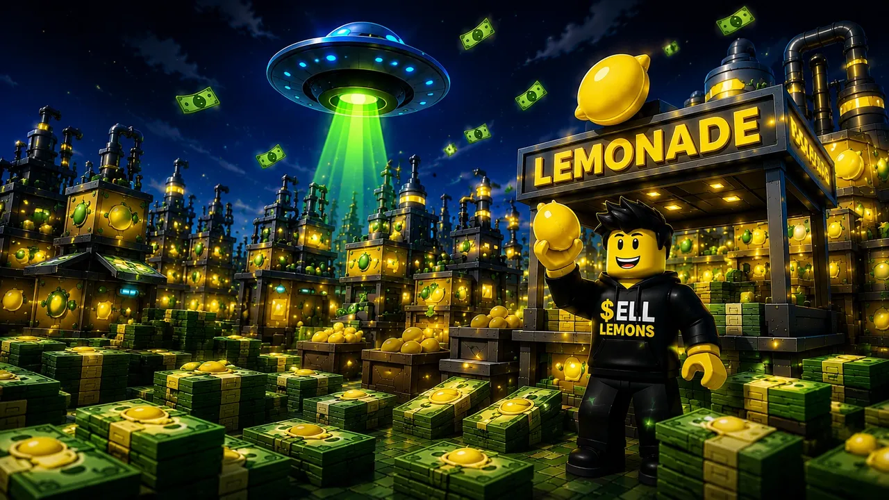 Sell Lemons tycoon scene with lemonade factory, UFO beam, cash, and lemons